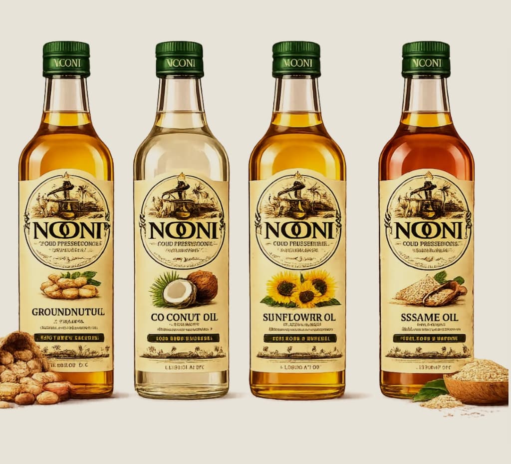 Four varieties of NOONI cold-pressed oil bottles